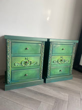 Load image into Gallery viewer, Vintage pine pair of bedside drawers, hand painted green and gold