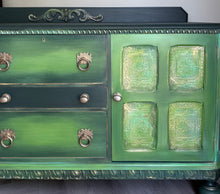 Load image into Gallery viewer, Hand Painted Oak Sideboard | Upcycled Green Storage Cabinet | Rustic Farmhouse Furniture