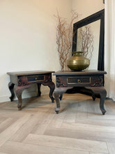 Load image into Gallery viewer, Vintage hand-painted side tables. Pair of french style bedside tables. Metallic finish