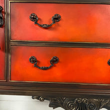 Load image into Gallery viewer, Vintage sideboard Queen Anne legs, black, red and orange