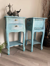 Load image into Gallery viewer, Hand Painted French Style Bedside Cabinets | Blue Vintage Nightstands | Shabby Chic Furniture | Distressed Upcycled Pair | French Style Bedroom Tables