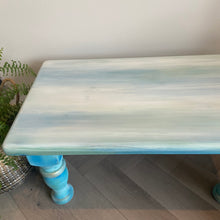 Load image into Gallery viewer, Vintage low coffee table, turquoise, blue & white boho style