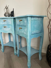 Load image into Gallery viewer, Hand Painted French Style Bedside Cabinets | Blue Vintage Nightstands | Shabby Chic Furniture | Distressed Upcycled Pair | French Style Bedroom Tables