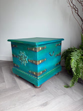 Load image into Gallery viewer, Hand Painted Vintage Storage Chest Coffee Table | Green Turquoise Blanket Box | Upcycled Wooden Trunk