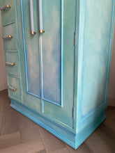 Load image into Gallery viewer, Art Deco small oak wardrobe with drawers, turquoise