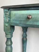 Load image into Gallery viewer, Hand painted vintage pine console table, green & bronze, textured