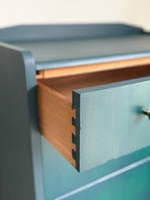 Load image into Gallery viewer, Vintage Lebus Chest of Drawers | Hand Painted in Deep Blue, Dark Teal & Forest Green | Upcycled British Furniture