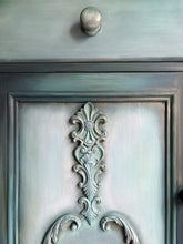 Load image into Gallery viewer, Vintage pine cabinet/sideboard. Dark green and teal