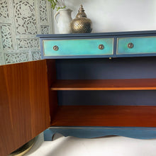 Load image into Gallery viewer, Vintage cabinet with drawers, small sideboard, blue and green hand painted boho