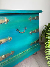 Load image into Gallery viewer, Hand Painted Vintage Storage Chest Coffee Table | Green Turquoise Blanket Box | Upcycled Wooden Trunk