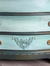 Load image into Gallery viewer, Hand Painted Vintage Mahogany Chest of Drawers | Bow Fronted, Deep Green, Blue & Metallic Highlights