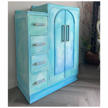 Load image into Gallery viewer, Art Deco small oak wardrobe with drawers, turquoise