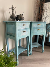 Load image into Gallery viewer, Hand Painted French Style Bedside Cabinets | Blue Vintage Nightstands | Shabby Chic Furniture | Distressed Upcycled Pair | French Style Bedroom Tables