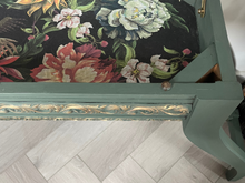 Load image into Gallery viewer, Hand Painted Mid-Century Piano Stool Bench with Storage | Dark Green & Gold | Vintage Entryway or Bedroom Bench