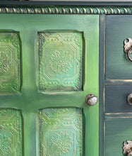 Load image into Gallery viewer, Hand Painted Oak Sideboard | Upcycled Green Storage Cabinet | Rustic Farmhouse Furniture