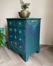 Load image into Gallery viewer, Vintage Chest Of Drawers Hand Painted With Boho Blends, Teal, Blue & Green