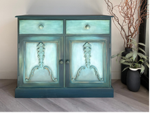 Load image into Gallery viewer, Vintage pine cabinet/sideboard. Dark green and teal