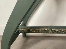 Load image into Gallery viewer, Hand Painted Mid-Century Piano Stool Bench with Storage | Dark Green & Gold | Vintage Entryway or Bedroom Bench