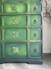 Load image into Gallery viewer, Hand Painted Vintage Chest of Drawers, Forest Green Furniture, Ornate Detail, One of a Kind