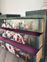 Load image into Gallery viewer, Vintage Hand Painted Floral Chest of Drawers, Deep Green Statement Furniture, Mid Century Dresser
