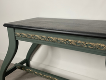 Load image into Gallery viewer, Hand Painted Mid-Century Piano Stool Bench with Storage | Dark Green & Gold | Vintage Entryway or Bedroom Bench