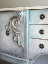 Load image into Gallery viewer, Vintage Hand Painted Sideboard in Beige, Seafoam & Grey, Ornate French Style Cabinet, Statement Hallway Table Storage Unit