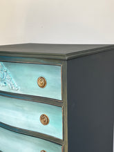 Load image into Gallery viewer, Hand Painted Vintage Mahogany Chest of Drawers | Bow Fronted, Deep Green, Blue & Metallic Highlights