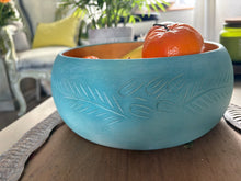 Load image into Gallery viewer, Turquoise Wooden Bowl Hand Painted Fruit Bowl Rustic Farmhouse Decor Carved Wood Centerpiece Boho Kitchen Table Decor Gift