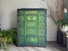 Load image into Gallery viewer, Hand Painted Vintage Chest of Drawers, Forest Green Furniture, Ornate Detail, One of a Kind