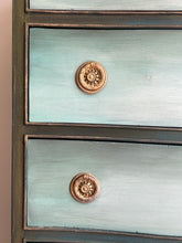 Load image into Gallery viewer, Hand Painted Vintage Mahogany Chest of Drawers | Bow Fronted, Deep Green, Blue & Metallic Highlights