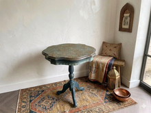 Load image into Gallery viewer, Hand Painted Pedestal Side Table | Vintage Boho Accent Table | Turquoise & Bronze Patina Finish | Ornate Floral Top | Small Entryway Table