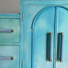 Load image into Gallery viewer, Art Deco small oak wardrobe with drawers, turquoise