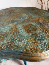 Load image into Gallery viewer, Hand Painted Pedestal Side Table | Vintage Boho Accent Table | Turquoise & Bronze Patina Finish | Ornate Floral Top | Small Entryway Table