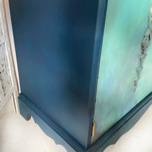 Load image into Gallery viewer, Vintage cabinet with drawers, small sideboard, blue and green hand painted boho
