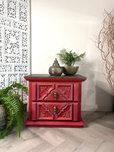 Load image into Gallery viewer, Hand painted boho bedside cabinet. Red pink drawers, Moroccan style