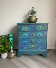 Load image into Gallery viewer, Vintage Chest Of Drawers Hand Painted With Boho Blends, Teal, Blue & Green