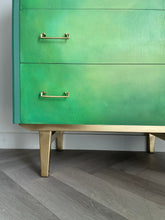 Load image into Gallery viewer, Hand Painted Green Chest of Drawers – Upcycled Furniture with Gold Legs – Unique Storage for Modern Homes