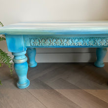 Load image into Gallery viewer, Vintage low coffee table, turquoise, blue & white boho style
