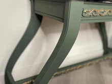 Load image into Gallery viewer, Hand Painted Mid-Century Piano Stool Bench with Storage | Dark Green & Gold | Vintage Entryway or Bedroom Bench