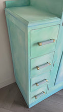 Load and play video in Gallery viewer, Art Deco small oak wardrobe with drawers, turquoise