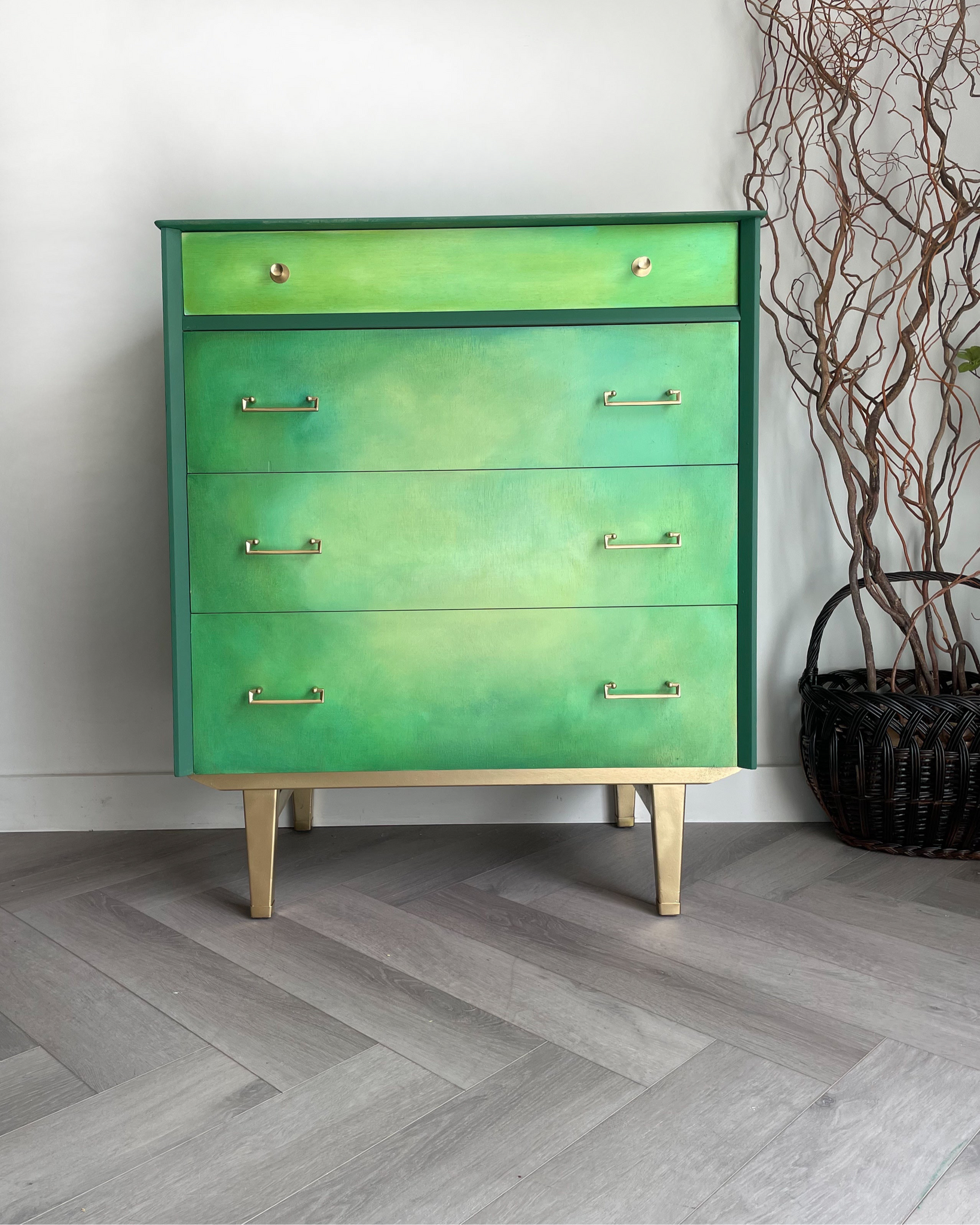 Hand Painted Green Chest of Drawers Upcycled Furniture with Gold Leg Mckay Designs Hand Painted Green Chest of Drawers Upcycled Furniture with Gold Leg Mckay Designs