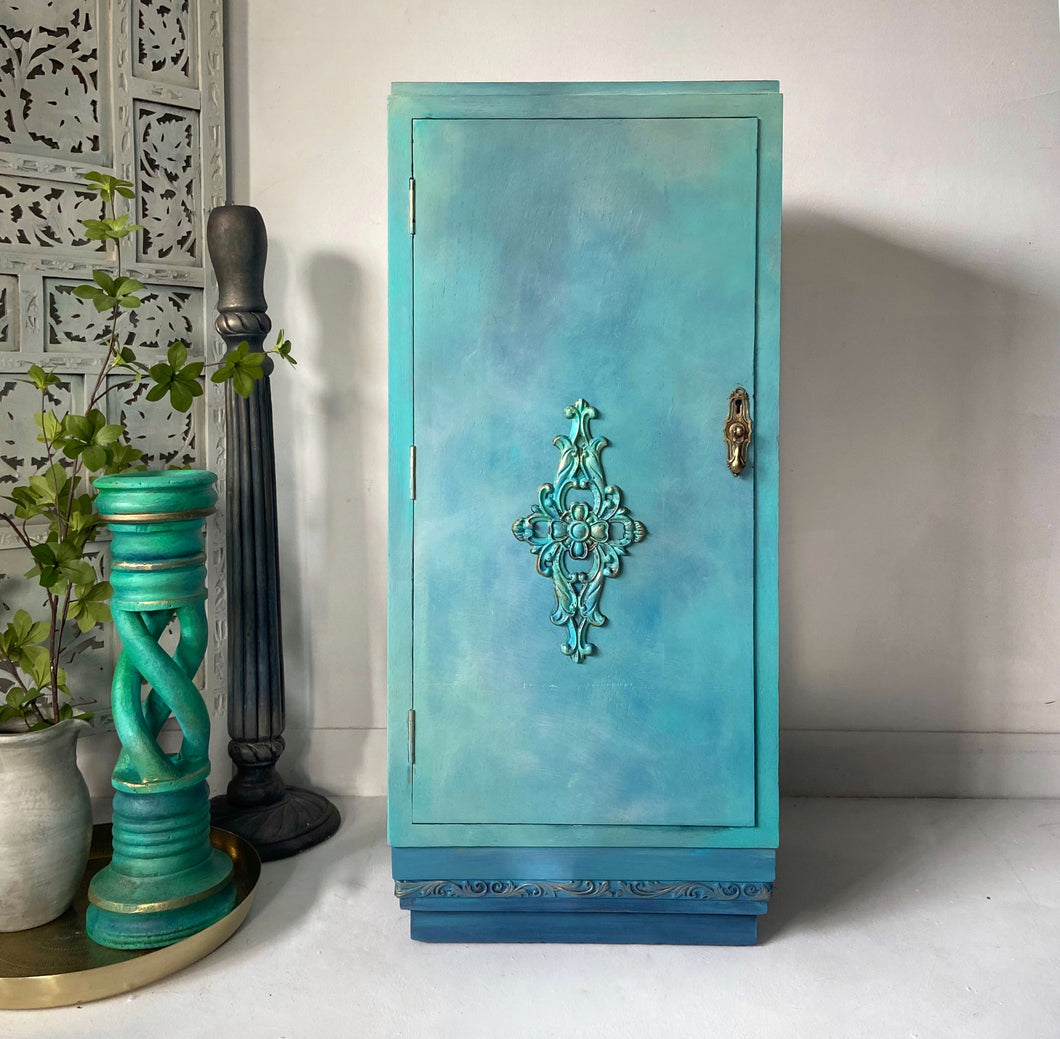 Vintage slim, oak cabinet, turquoise blue