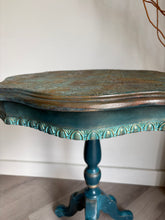 Load image into Gallery viewer, Hand Painted Pedestal Side Table | Vintage Boho Accent Table | Turquoise &amp; Bronze Patina Finish | Ornate Floral Top | Small Entryway Table
