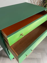 Load image into Gallery viewer, Hand Painted Green Chest of Drawers – Upcycled Furniture with Gold Legs – Unique Storage for Modern Homes
