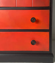 Load image into Gallery viewer, Vintage tallboy with drawers, orange, red &amp; bronze

