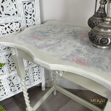 Load image into Gallery viewer, Vintage oak side table, sage green, floral top

