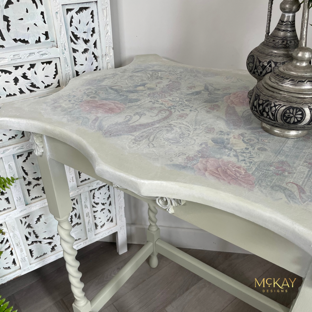 Vintage oak side table, sage green, floral top