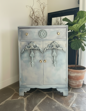 Load image into Gallery viewer, Vintage tallboy storage, hand painted cloudy dreamy blends, various shades of blue and white 
