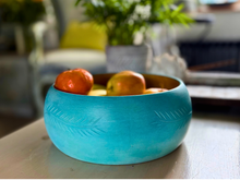 Load image into Gallery viewer, Turquoise Wooden Bowl Hand Painted Fruit Bowl Rustic Farmhouse Decor Carved Wood Centerpiece Boho Kitchen Table Decor Gift
