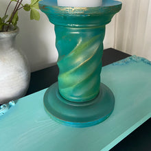 Load image into Gallery viewer, Wooden candle holder, hand painted green &amp; turquoise
